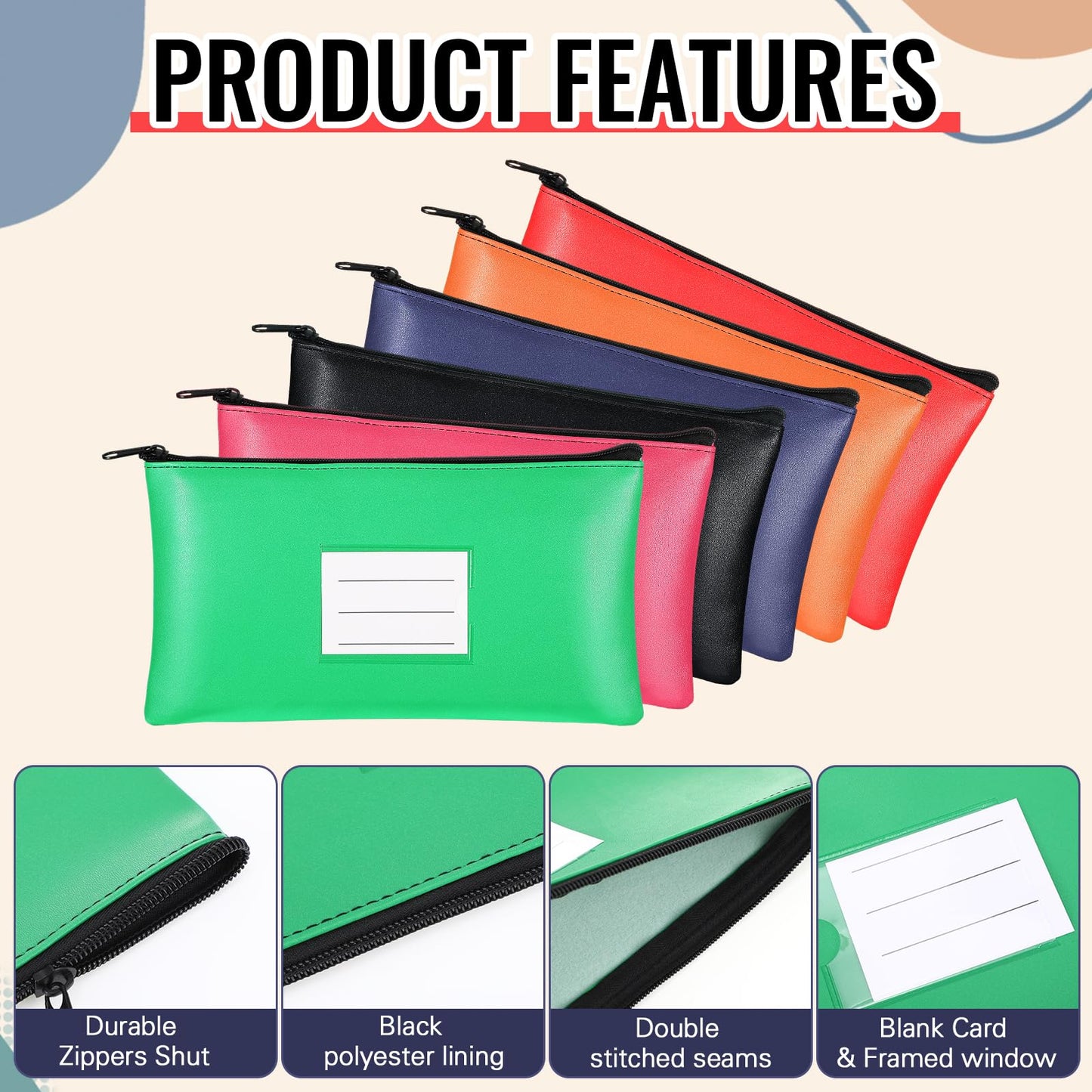Paterr 6 Pcs Money Bags with Zipper PU Leather Deposit Bank Bag Security Money Pouch Receipt Holder Bank Pouch Wallet with Label for Cash Coin Makeup Cosmetics Bills Tickets, 11 x 6 Inch(Multi Colors)