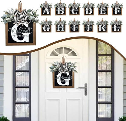 Ultra Large 14'' Last Name All Year Round Front Door Wreath with 26 Initial Letter Welcome Sign All Seasons Eucalyptus Garland and Bow Wreaths for Front Door Porch Farmhouse Decoration (G)