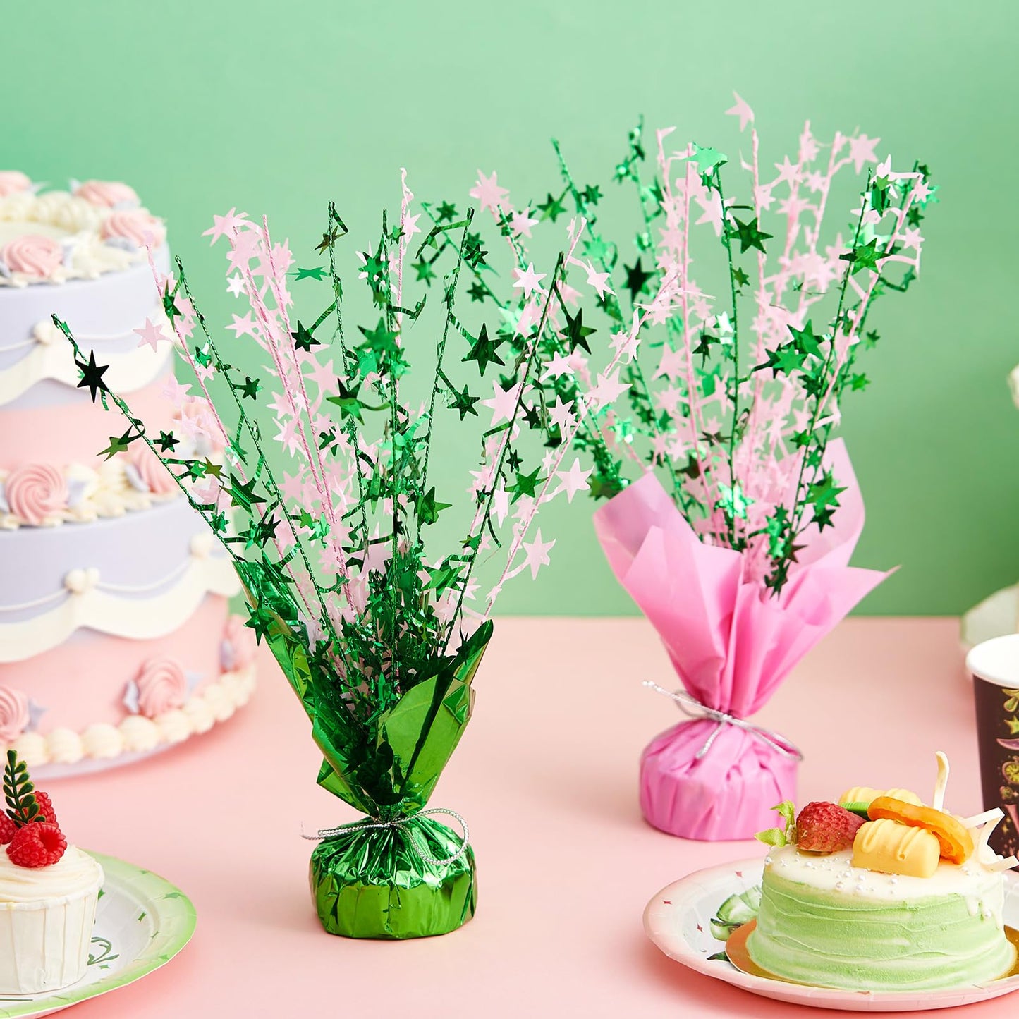 Geelin 6 Pack Pink and Green Witch Party Centerpieces, Metallic Foil Spray Star Table Decorations for Witch Princess Sorority Birthday Holiday and Fantasy Theme Celebrations