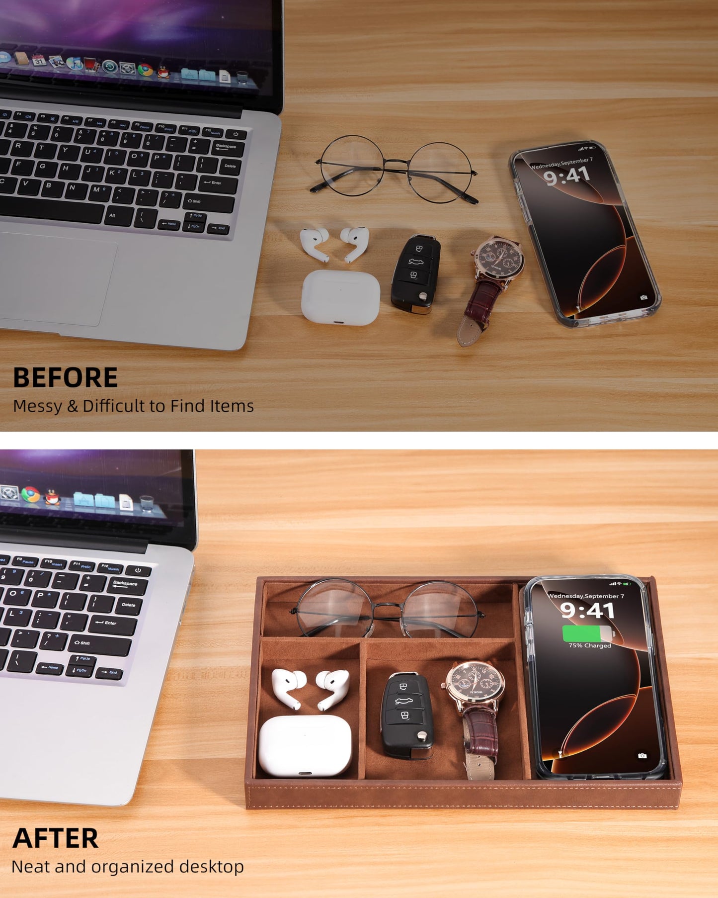 Investme Valet Tray with Wireless Charger, Nightstand Organizer for Men, EDC Catchall Tray for Keys, Watch, Wallet, Jewellery, Premium Vegan Leather, Bedside Caddy, Stylish and Organized, Brown
