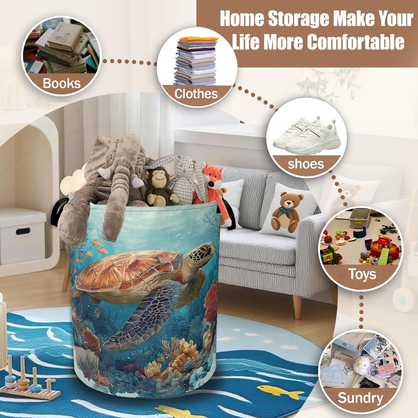 Sea Turtle Coral Ocean Laundry Hamper,Laundry Baskets,Waterproof Oxford Cloth Toy Storage for Bedroom,Bathroom,Nursery,16x20.8 Inch