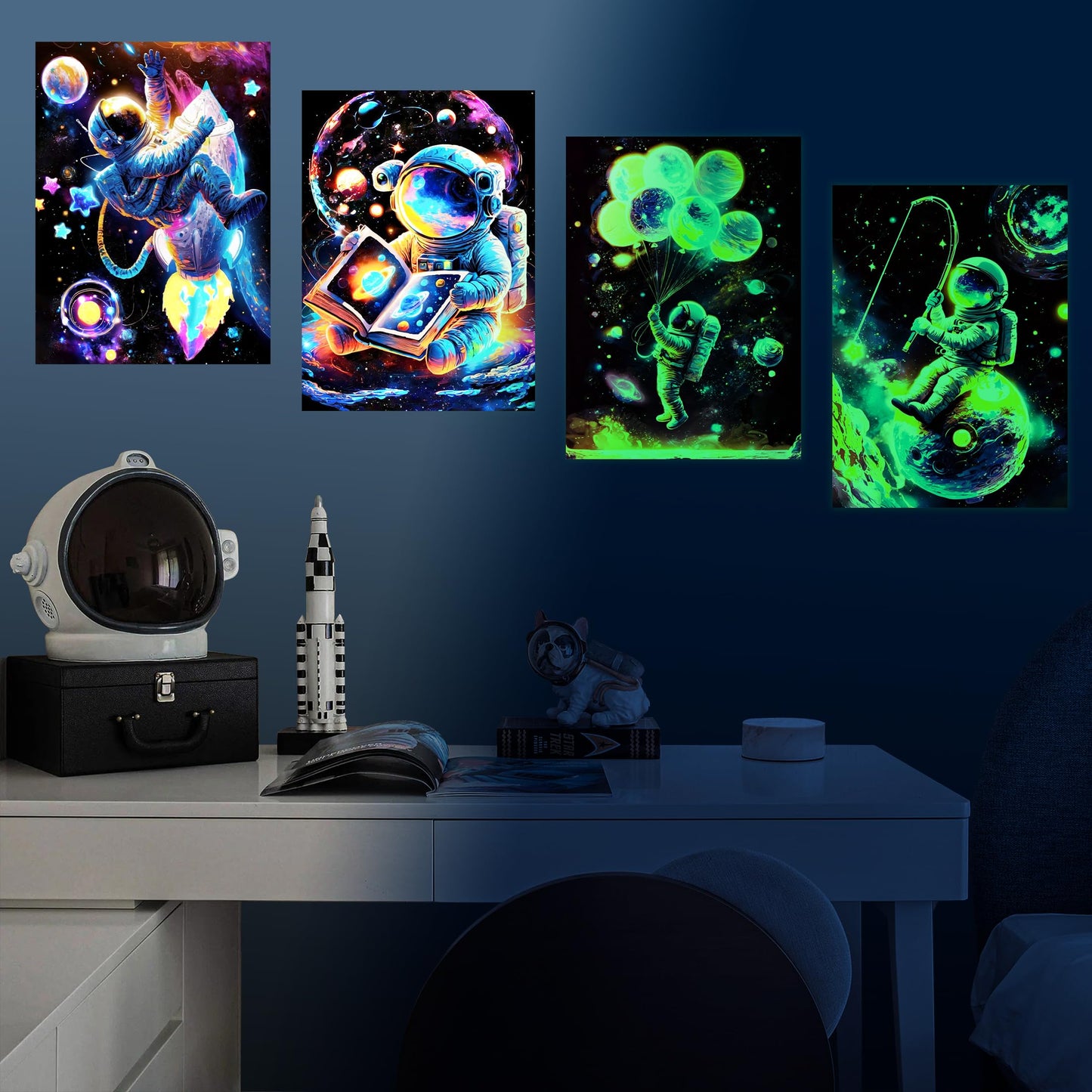 Glow in The Dark Neon Astronaut Space Wall Stickers, Cool Spaceman Boy Bedroom Wall Decals, Fantasy Galaxy Planet Room Decor, Playroom Nursery Ceiling Glass Decoration