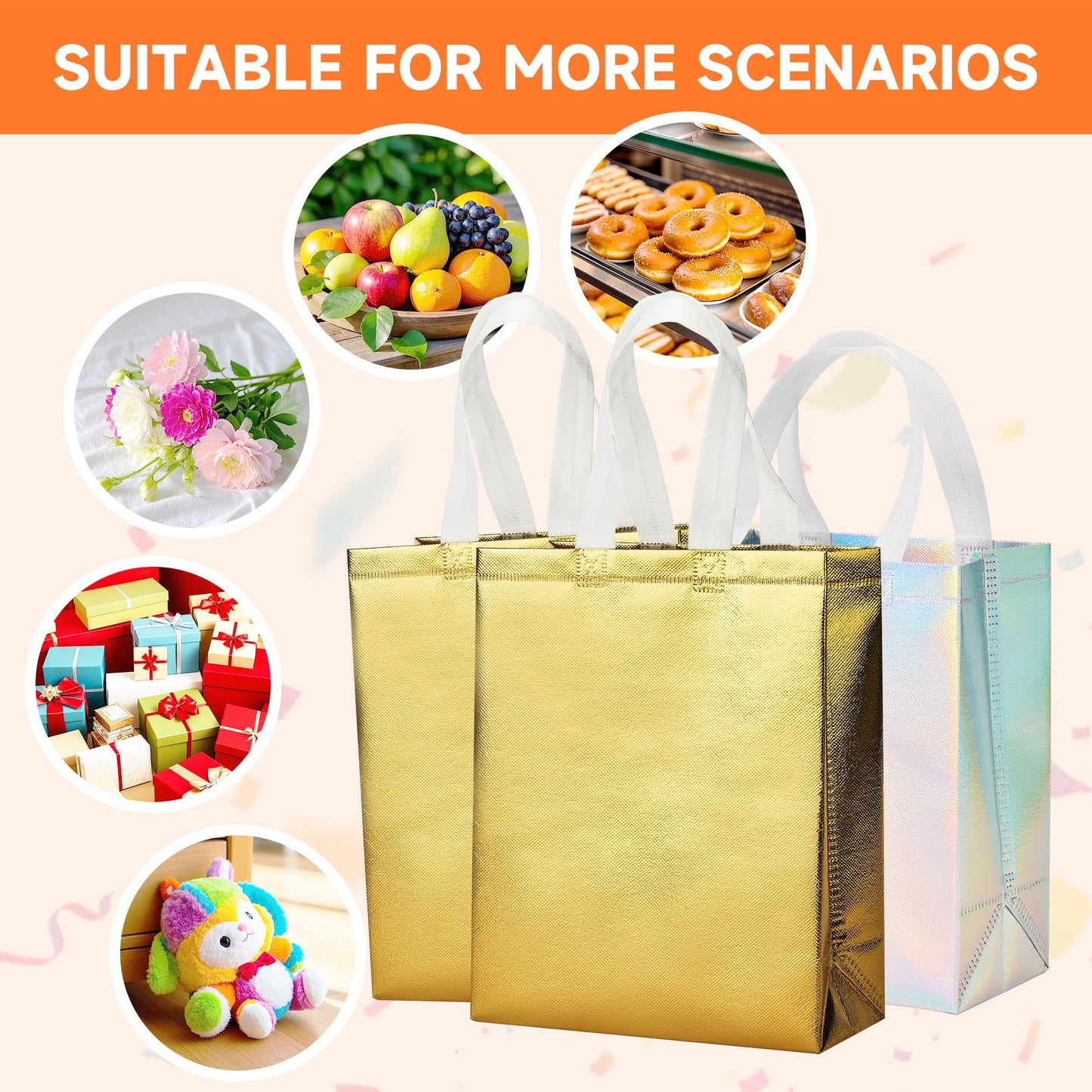 METAPRINT 15 Pcs Iridescent Glossy Gift Bags Medium Size, 8x4x10 Inch Holographic Reusable Gift Bags with Handles & Sturdy Base, Ideal for Birthday, Wedding