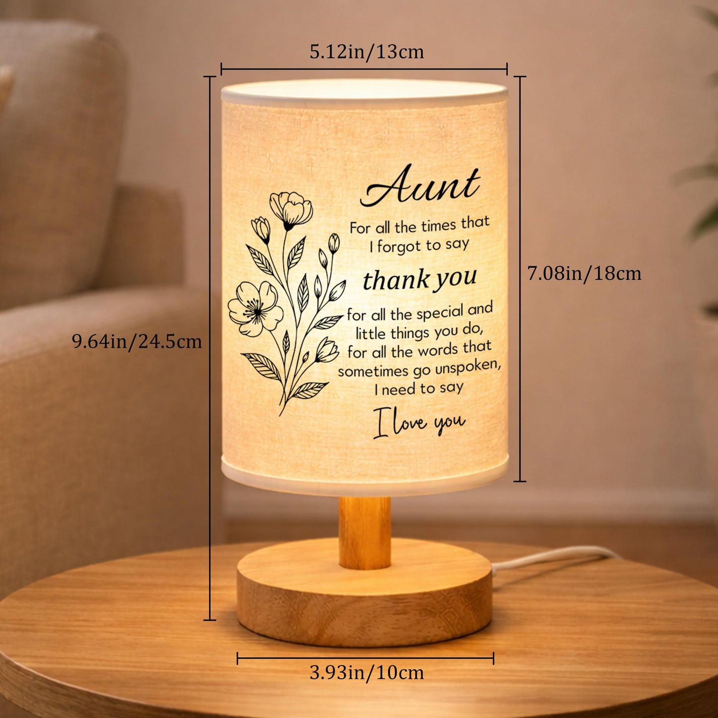 YVKC Aunt Lamp Gifts from Niece, Fabric Bedside Table Lamp with Wooden Stand, Birthday Mothers Day Gifts from Nephew, Desk Lamp Home Decor (Aunt, 1)