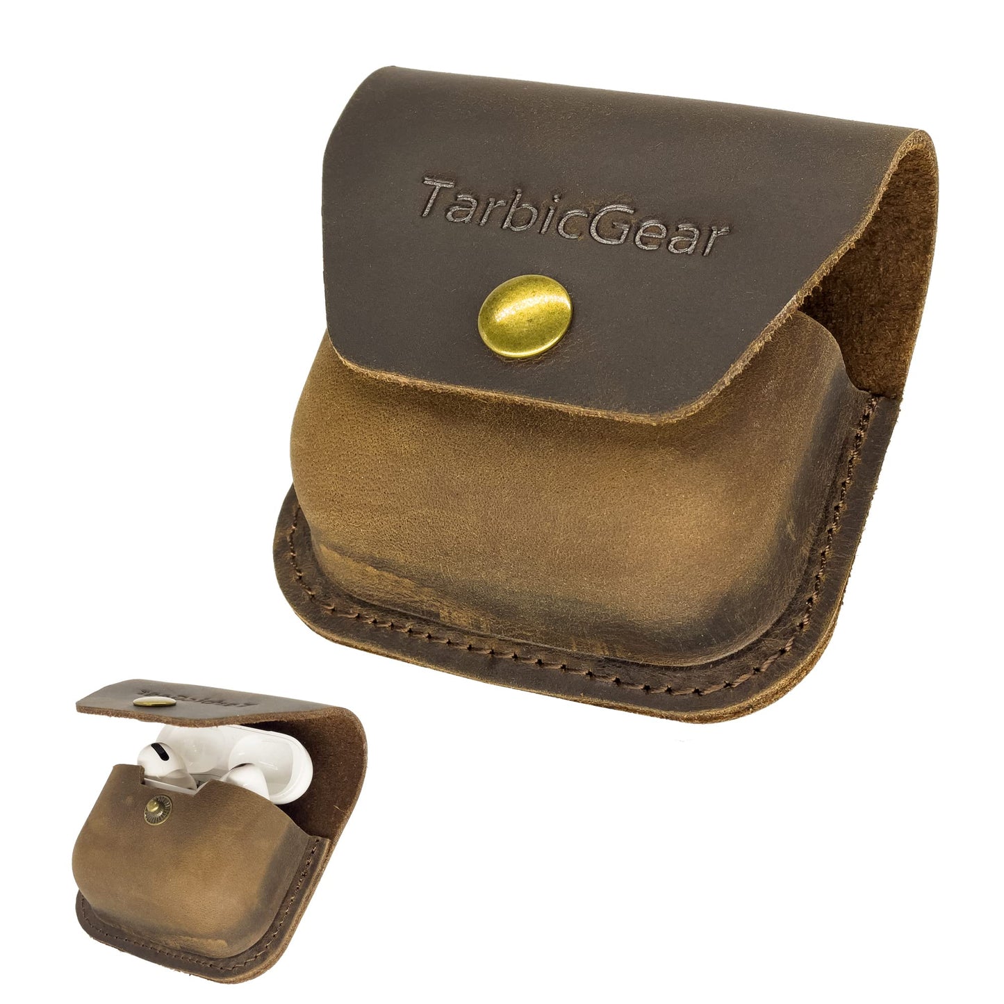 TarbicGear Belt Clip Airpod Case, Universal Leather Belt Holster for Airpod Pro, Samsung Galaxy Buds and Beats Studio Buds, Real Leather Earbuds Pouch for Belt, Brown Color