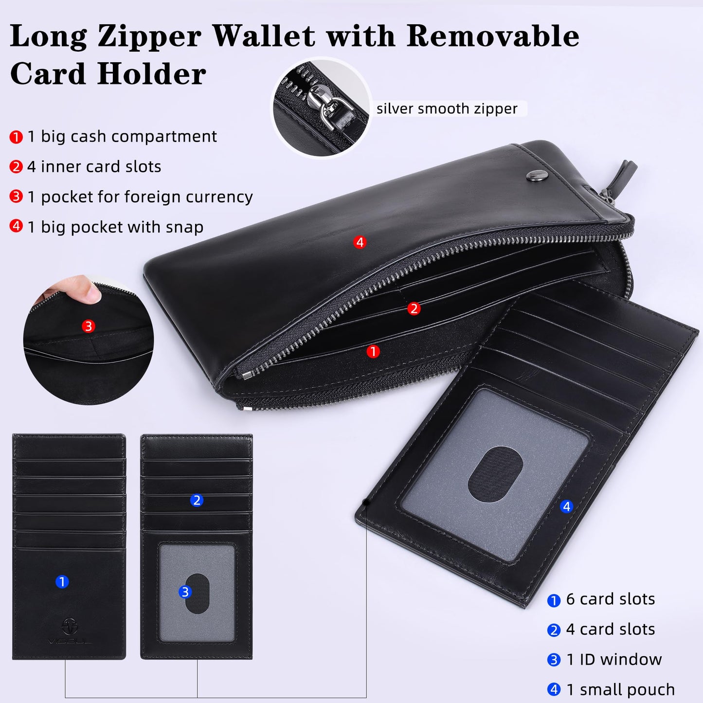 VISOUL Long Zipper Cash Wallet for Men and Women with Removable Credit Card Holder, Soft Genuine Leather Clutch Wallet-Black