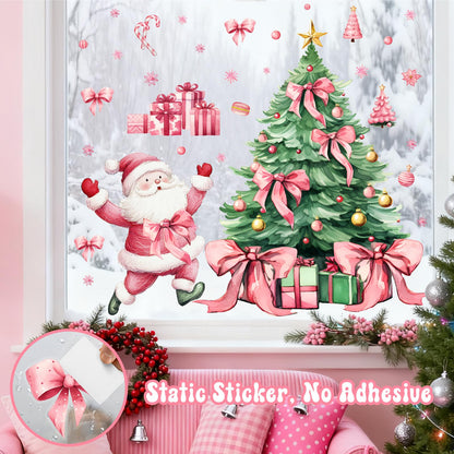 Christmas Decoration Window Decals Pink Bow Xmas Tree Window Clings Indoor Decor Removable Santa Claus Static Cling for Glass Double-Sided Snowflake Glass Sticker for 2026 New Year Living Room Supply