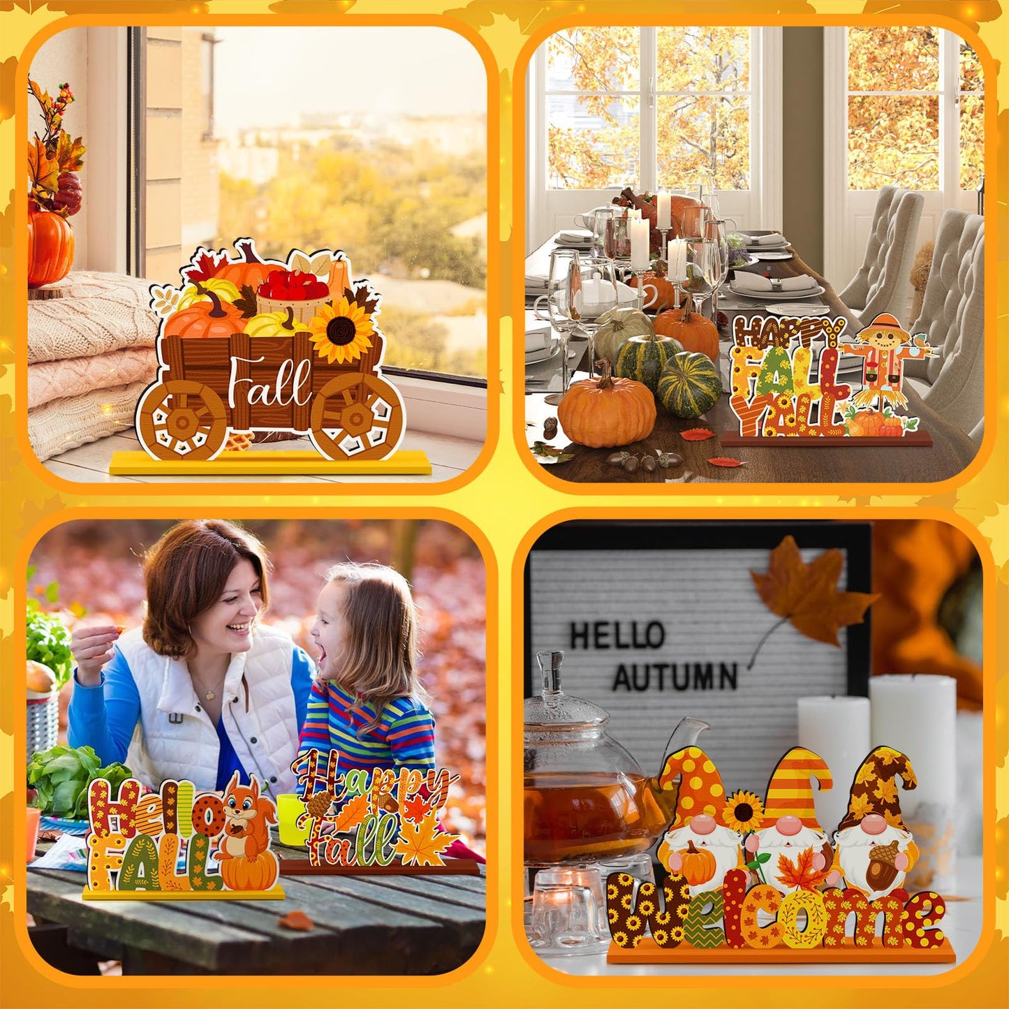 CroBlissful 6 Pcs Thanksgiving Decorations for Home Fall Table Centerpiece Hello Autumn Wooden Table Sign Pumpkin Gnome Truck Wood Tabletop Decor Harvest Party Decorations, 6 Styles