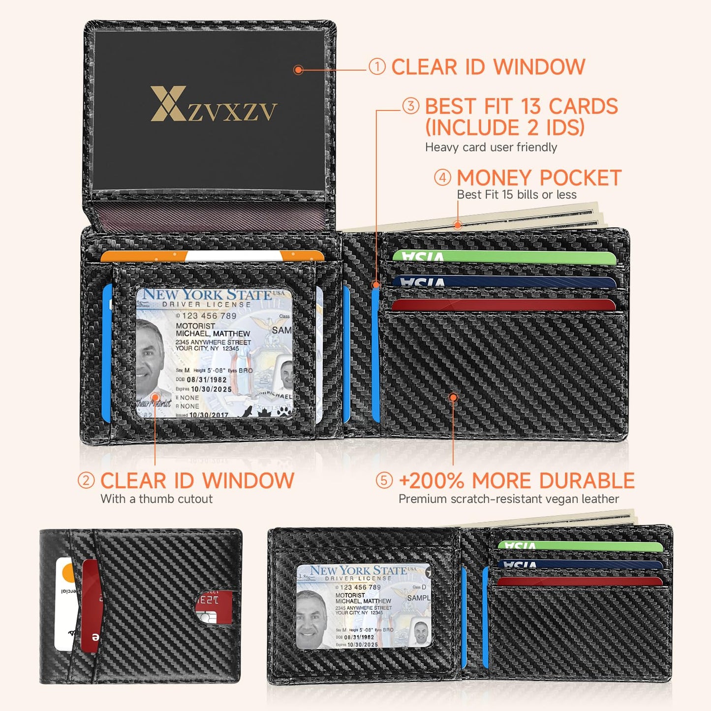 XZVXZV Men's Ultra Thin Wallet Leather RFID Blocking Bifold Stylish Wallet with Slim Minimalist Front Pocket 2 ID Windows (Carbon Black)