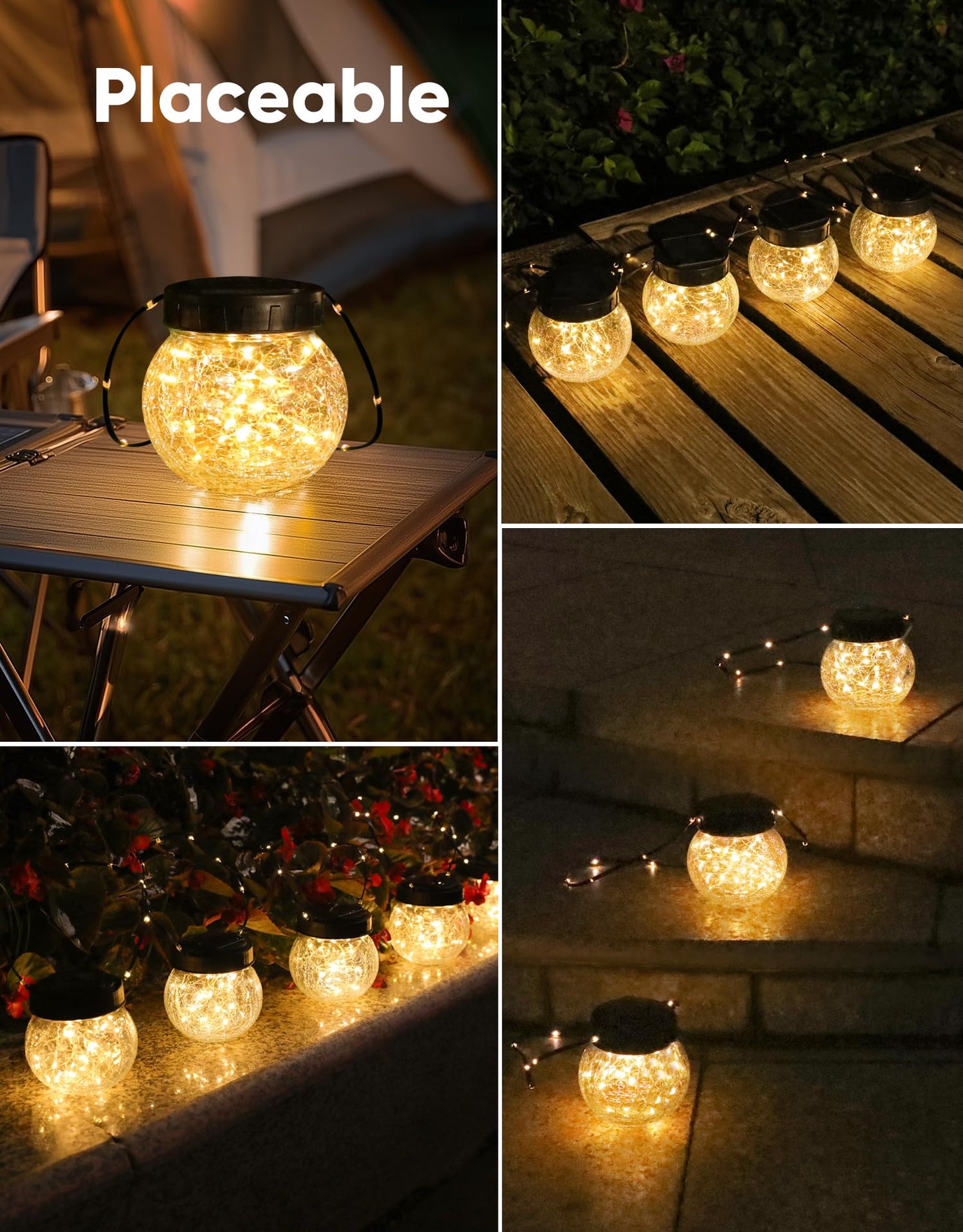 PARTPHONER Solar Lights Outdoor Waterproof 24-Pack, Solar Powered Hanging Lantern Cracked Glass Hanging Globes for Yard Decor Christmas Decoration, Shepherd Hook, Garden Tree Table Ornaments, Warm