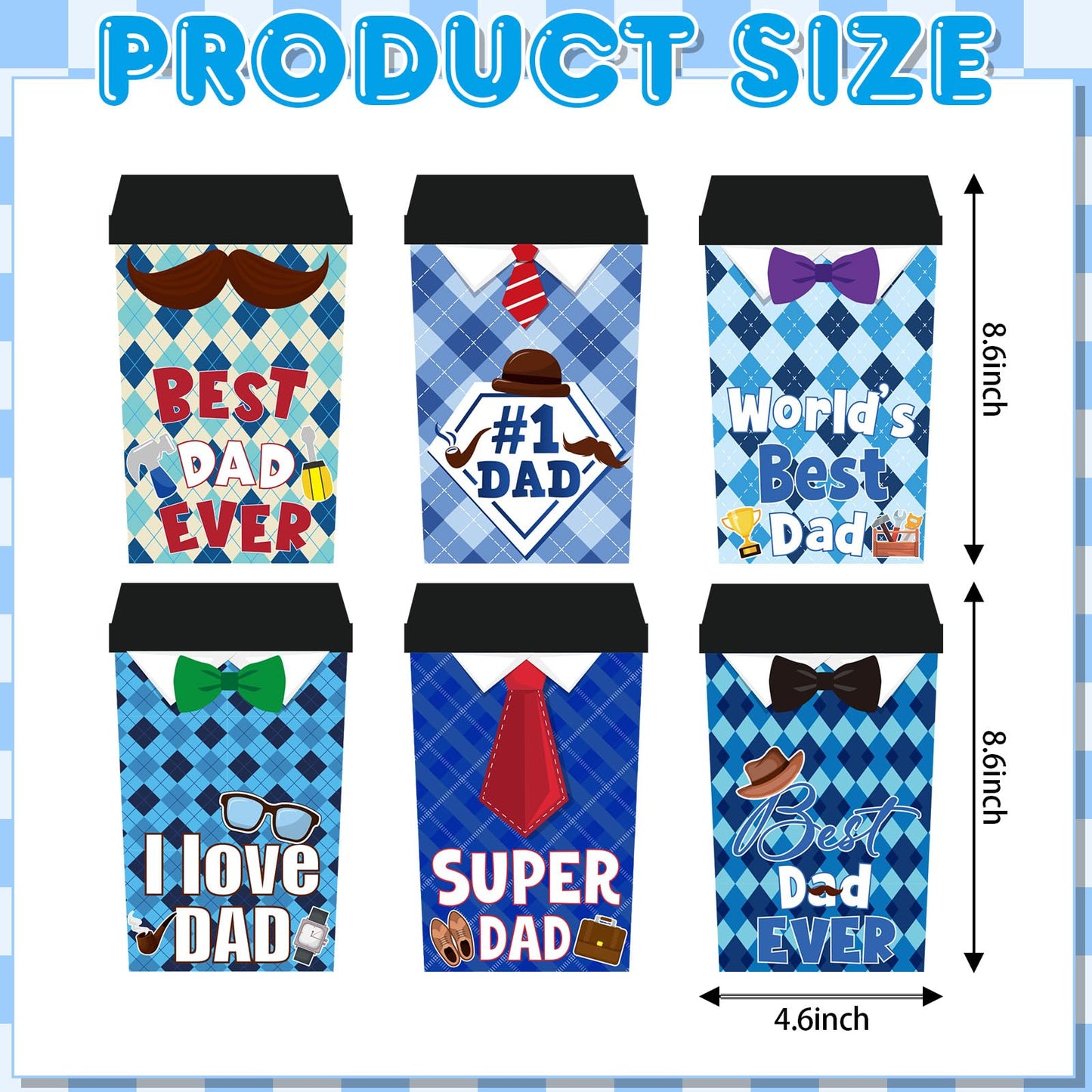 Cinrobiye Crochet Coffee Cup Sleeve Set, Father’s Day Gift Set for Dad and Grandpa, Reusable Knit Mug Cozy Covers 6 Pack with Appreciation Cards, Blue Coffee Cup Holder Gift