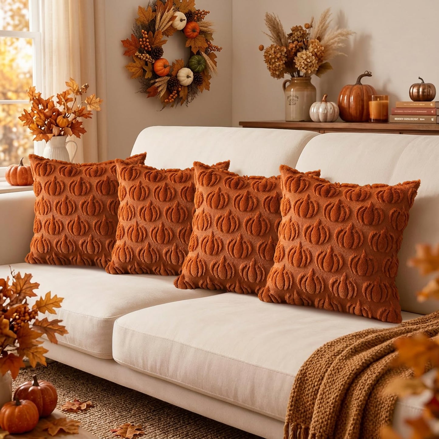 HDVUHKI Fall Pumpkin Throw Pillow Covers 18x18 inch Set of 4, Rust Red Autumn Thanksgiving Farmhouse Living Room Soft Fluffy Plush Faux Fur Wool Decorations for Sofa Couch Bed