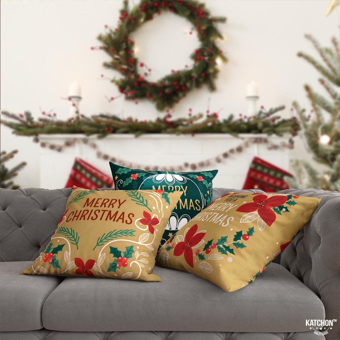 KatchOn, Merry Christmas Pillow Covers 18x18 - Pack of 4 | Green and Gold Christmas Throw Pillow Covers | Christmas Decorations Indoor | Holiday Pillow Cases