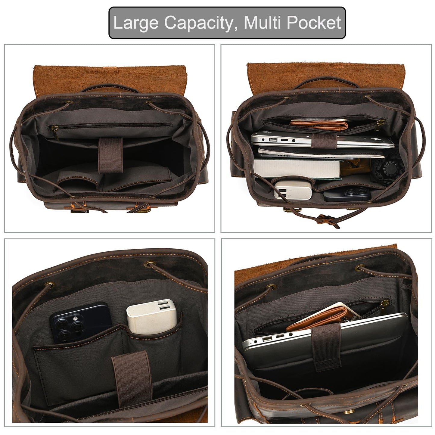 LUUFAN Genuine Leather Backpack for Men Casual 15.6 Inch Laptop Shoulder Bag Rucksack with Anti-Theft Pocket Travel Daypack, Coffee