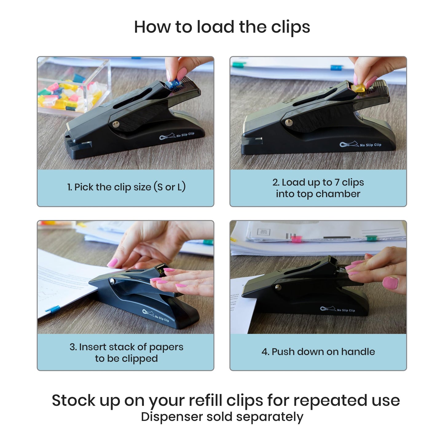 OfficeGoods No Slip Clip Refills - Binds Up to 50 Pages - Reusable - Works with No Slip Clip Dispenser - 50 ct Box Each Small & Large - 100 ct Total - Black