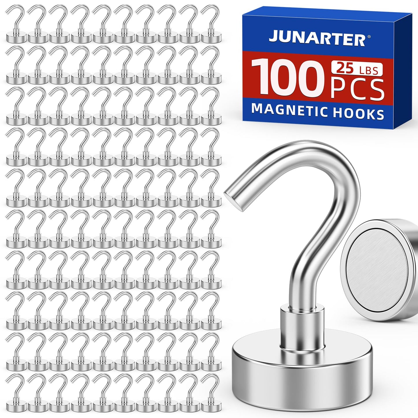 Junarter Magnetic Hooks,100 Pack Magnetic Hooks for Cruise Cabins, 25lbs Magnet Hooks, Strong Magnetic Hook Heavy Duty, Magnets with Hooks, Metal Magnetic Hook for Hanging, Refrigerator, Grill