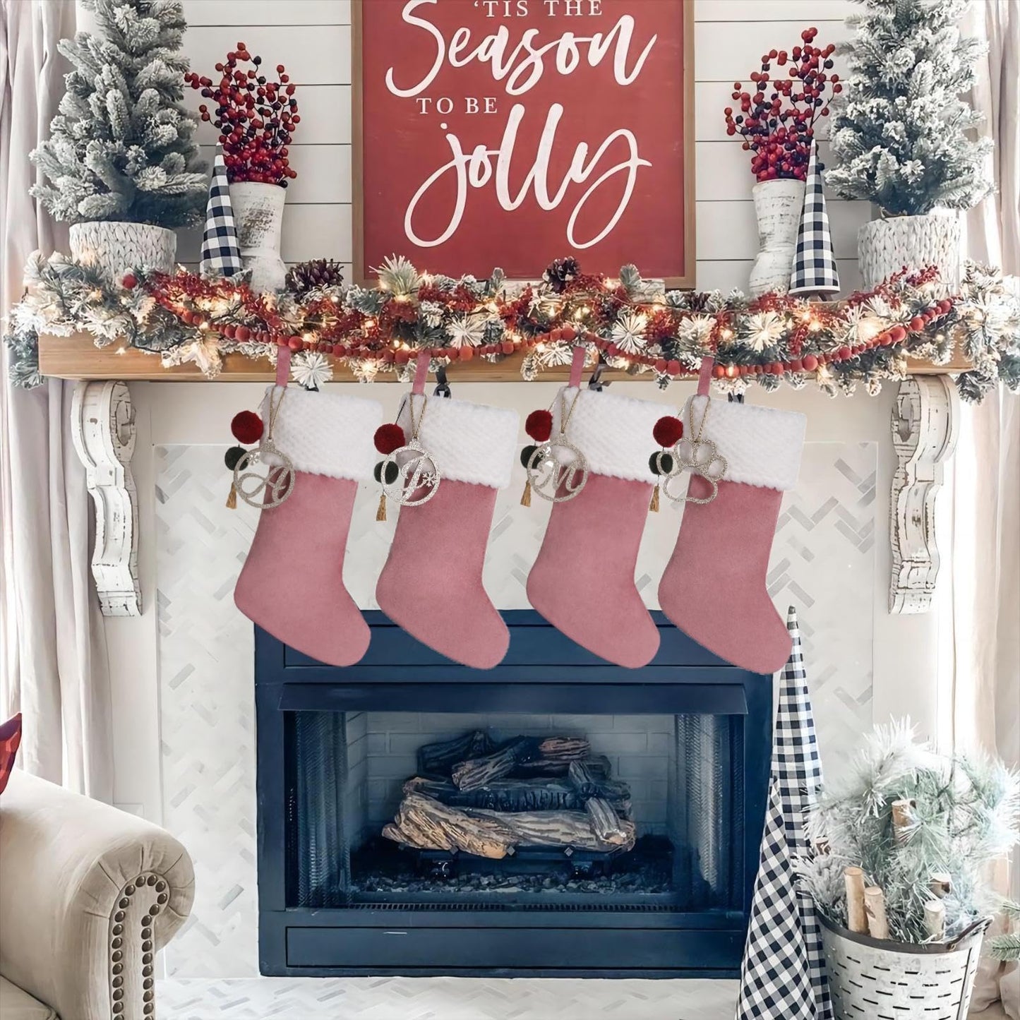 Pxniy Personalized Gold Wooden Initial Christmas Stocking, 19.5 inches Velvet Christmas Stocking with pom poms,Christmas Decorations for Xmas Fireplace Holiday Party(Pink A)