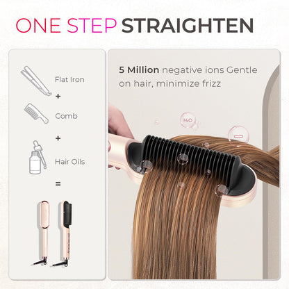 TYMO Ring Plus Ionic Hair Straightener Brush - Straightening Comb with Negative Ions for Women, Titanium Coating, 9 Temp Settings & LED Display, Dual Voltage, Professional Styling Tools