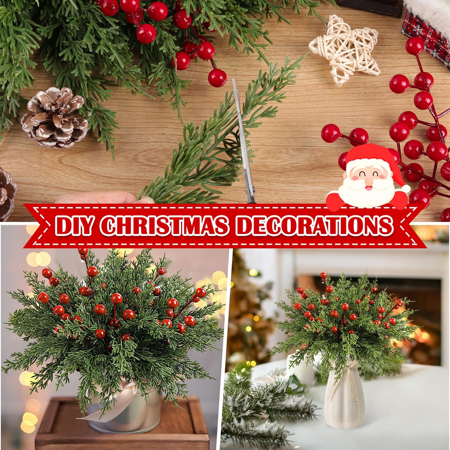 60Pcs Christmas Decorations-11.8'' Artificial Pine Branches with 7.9'' Red Berry Stems, Christmas Decor Faux Pine Greenery Stems, Christmas Tree Decorations & Christmas Picks for Indoor Outdoor