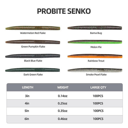 PROBITE Soft Fishing Worm 100PCS, 3/4/5/6" Mega Value Pack Senko Style Soft Lures for Bass, Plastic Worm Stick Baits, Multicolor, Cost-Effective Fishing Gift