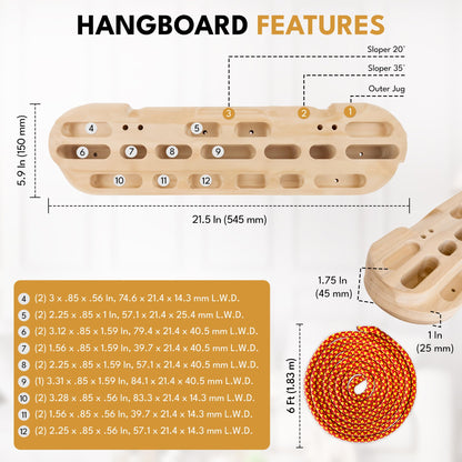 Anchorton Climbing Hangboard and Finger Hanging Holds - Fingerboard for Strength Training - Rock Climbing Grip Strengthening Holds - Hang Board and Hand Holds with Suspension Chord Ropes and Chalk