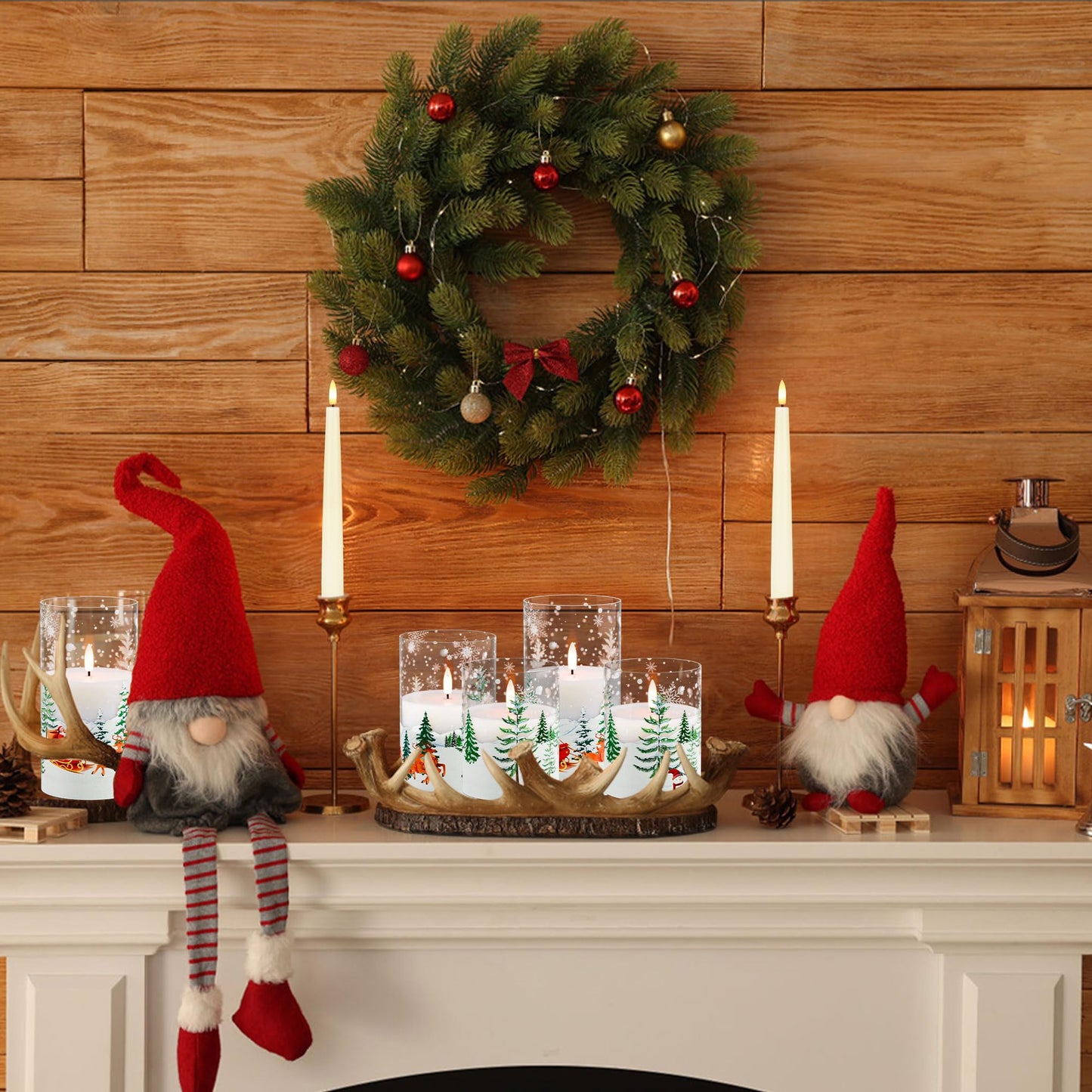 AFINETH Christmas Flameless Candles with Remote, Glass Santa Claus Battery Operated Candles, Real Wax Flickering LED Pliiar Candles for Xmas, Holiday, Home Decor, Set of 3