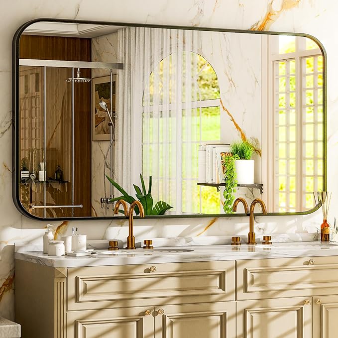 30 x 48 Inch Bathroom Mirror, Rounded Rectangular Vanity Mirror for Wall, Modern Mirror for Room Decor, Black Framed Wall-Mounted Mirrors for Home Decor, Hangs Horizontally or Vertically
