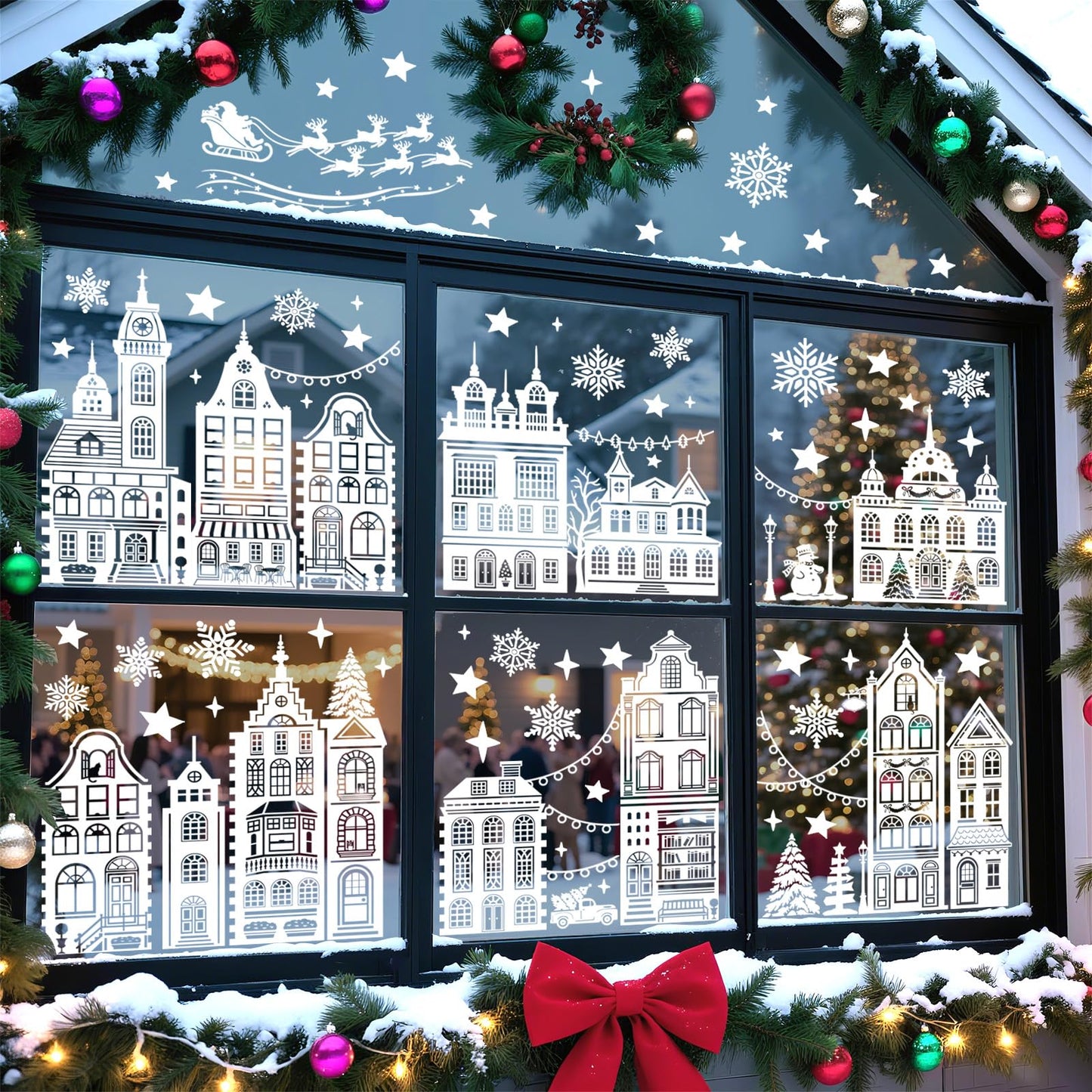 decalmile Merry Christmas White House Double Sided Window Clings Xmas Santa Claus Reindeer Snowflake Anti-Collision Glass Doors Window Stickers Decals