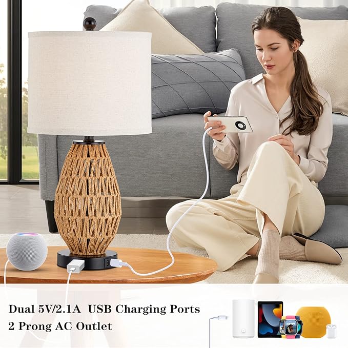 Touch Control Rattan Table Lamps, 3 Way Dimmable Bedside Lamps for Bedroom with 2 USB Ports and AC Outlet, Wicker Nightstand Lamps for Living Room Home Office (LED Bulbs Included)