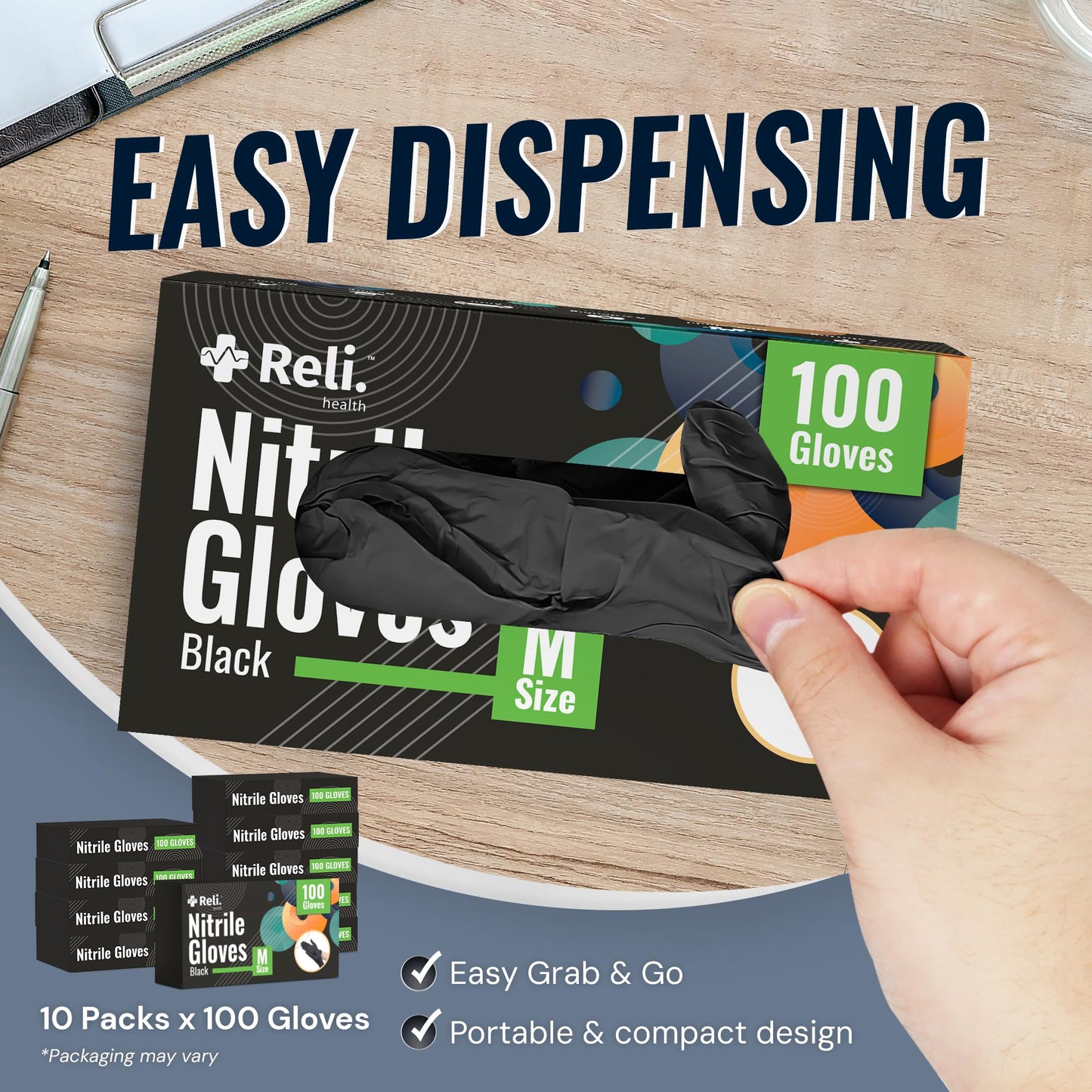 Reli. Black Nitrile Gloves, Medium | Disposable Gloves (1000 Pack, Bulk) | Powder Free, Latex Free, Food Safe | Single-Use | Premium Nitrile Rubber Material for Automotive Work, Cleaning, Cooking
