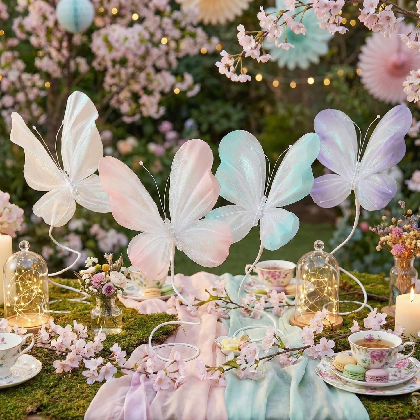 Roowest 4 Pcs Butterfly Centerpiece for Table Pastel Butterfly Decoration Large Gradient 3D Silk Flying Butterflies Pink Purple Green White Tabletop Decor for Birthday Wedding Baby Shower