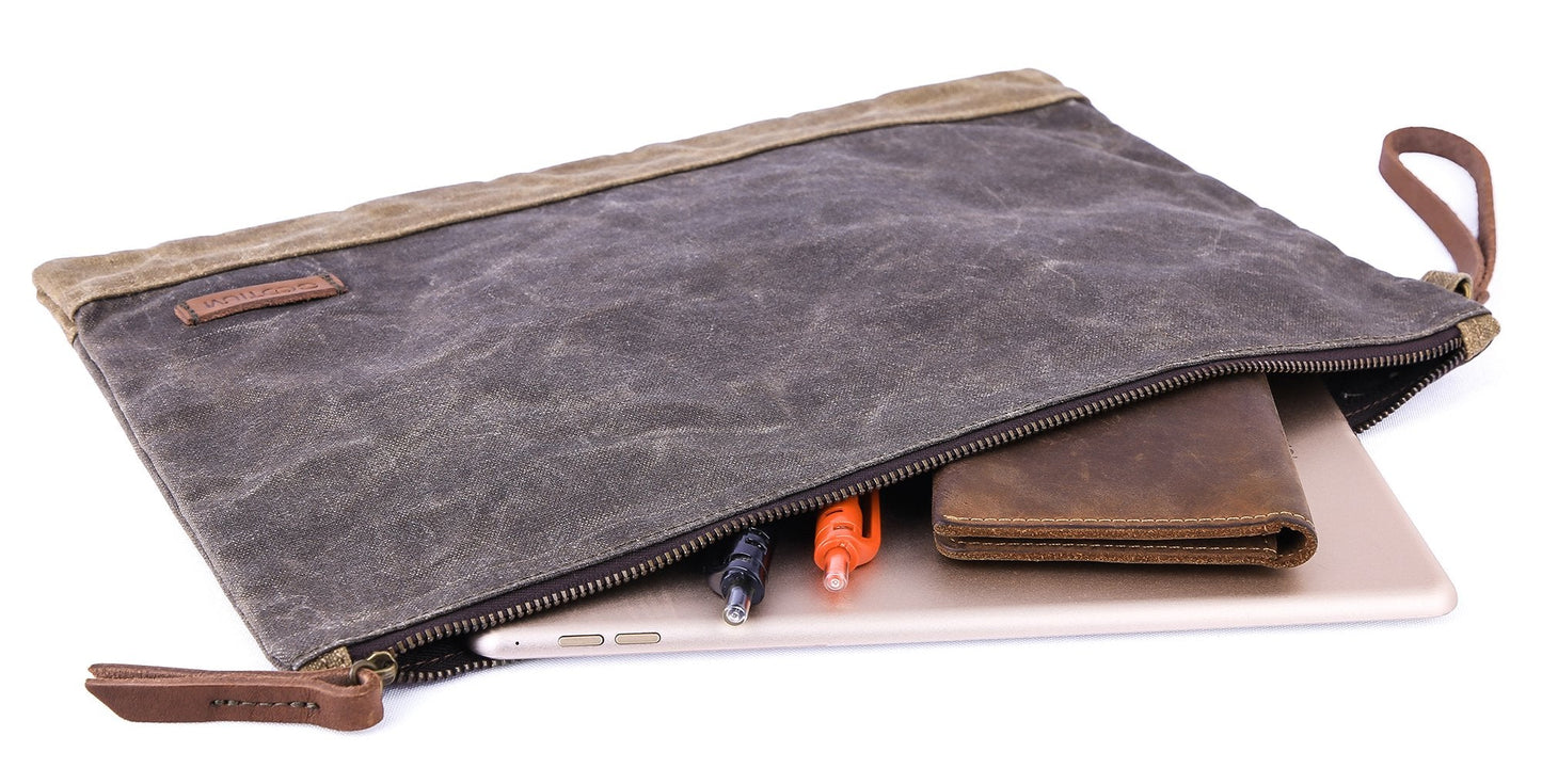 Gootium Waxed Canvas Zip Folio Pencil Pouch - Office Supply Zippered Makeup Bag Multipurpose File Folder - Size 13"x9.4", Olive Drab