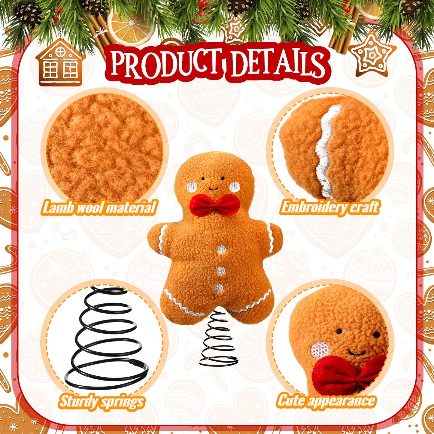 Gejoy Christmas Gingerbread Tree Topper Plush Stuffed Tree Toppers Ornaments for Christmas Party Indoor Xmas Holiday Festive Home Decoration