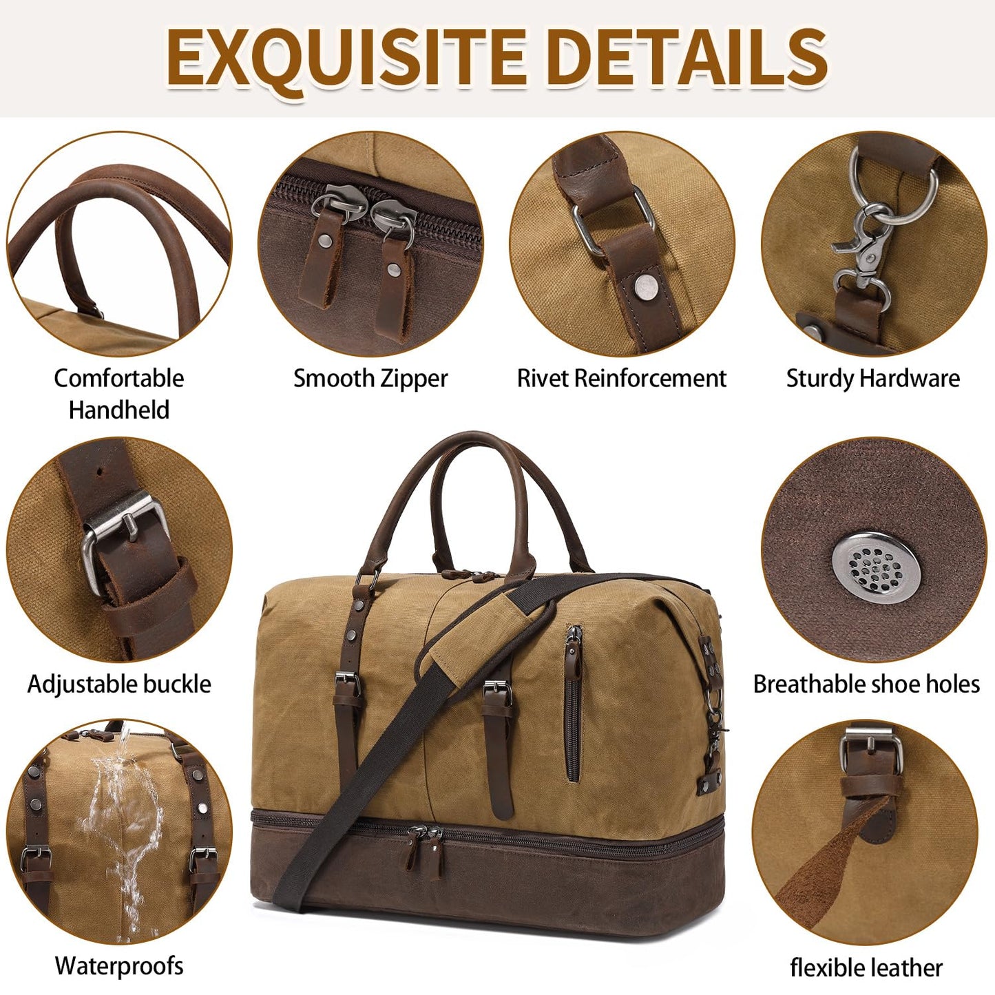 FENGDONG Weekender Bag Large Overnight Bag for Men Women Tote with Shoe Compartment Canvas Carry on Luggage Bag Travel Duffel Bag Brown