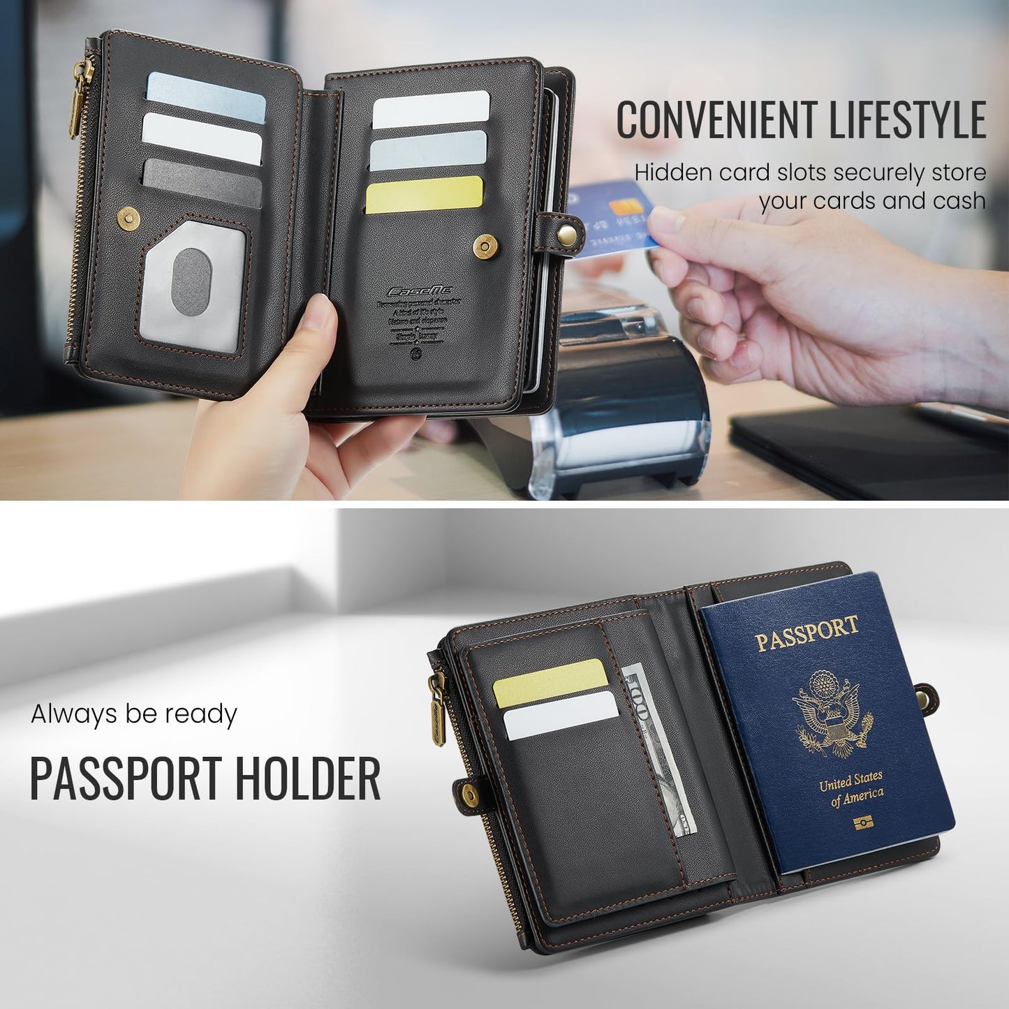 Passport Holder Wallet, 12 Card Slots RFID Blocking Travel Organizer, Zippered Coin Pocket & Detachable Wrist Strap Secure AMagnetic Closure Passport Case for Men & Women (Black)