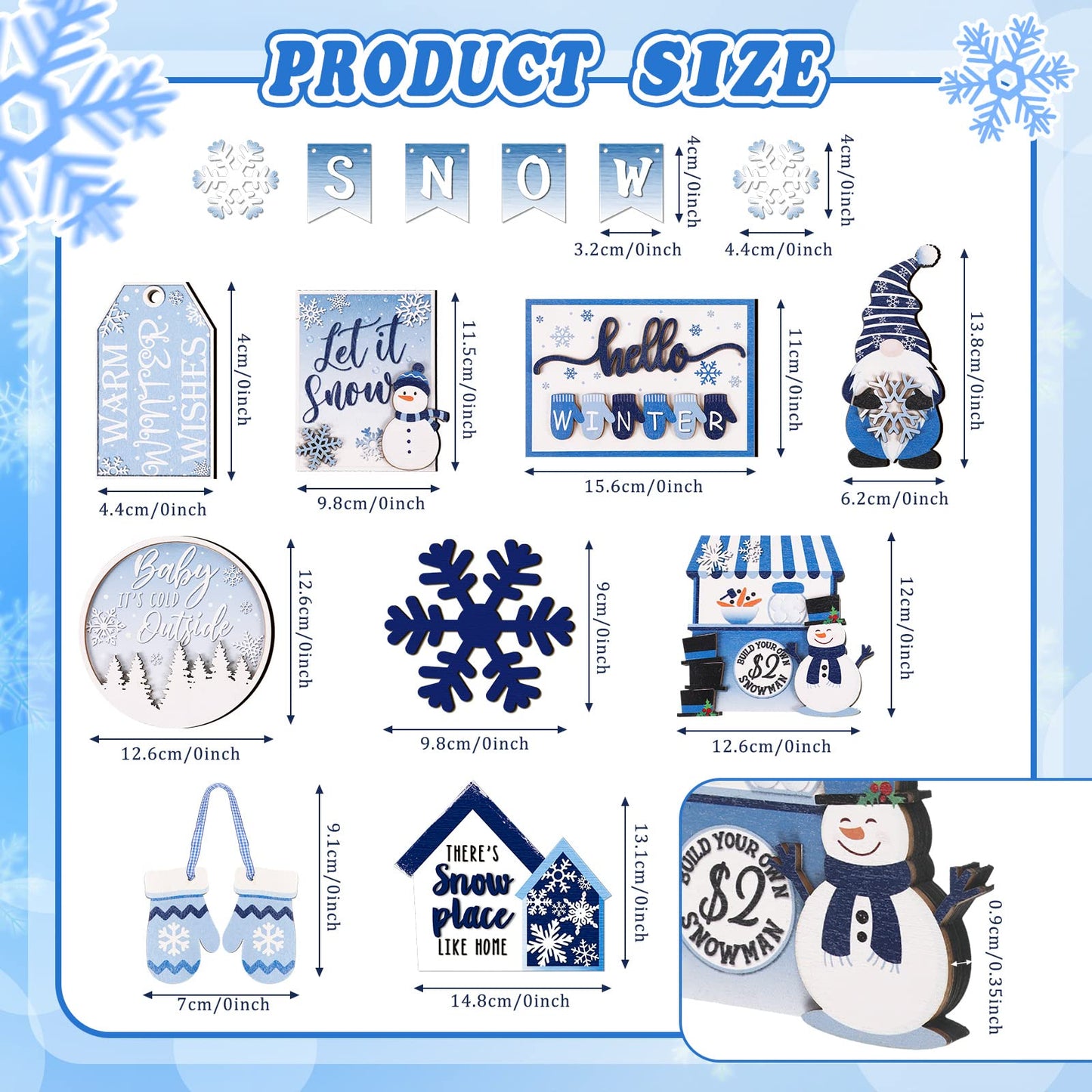 Kajaia 15 Pcs Winter Tiered Tray Decor Christmas Tiered Tray Decorations Set Snowman Snowflake Gingerbread Man Hot Cocoa Wooden Signs Farmhouse Winter Table Decorations(Snowflake)