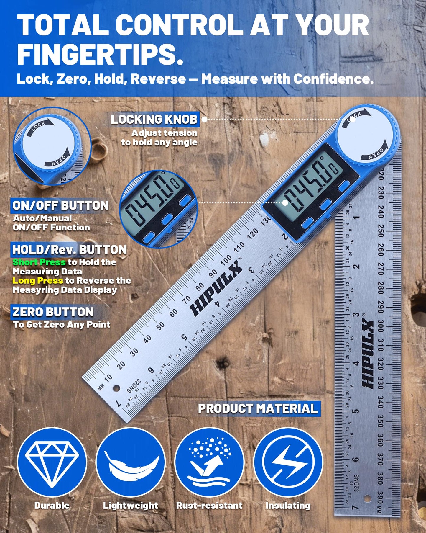 HIPULX Digital Angle Finder Ruler, 7 Inch 2-in-1 Stainless Steel Angle Finder Tool, 360° Digital Protractor with LCD Display for Woodworking, Construction, Reverse Angle Measurement