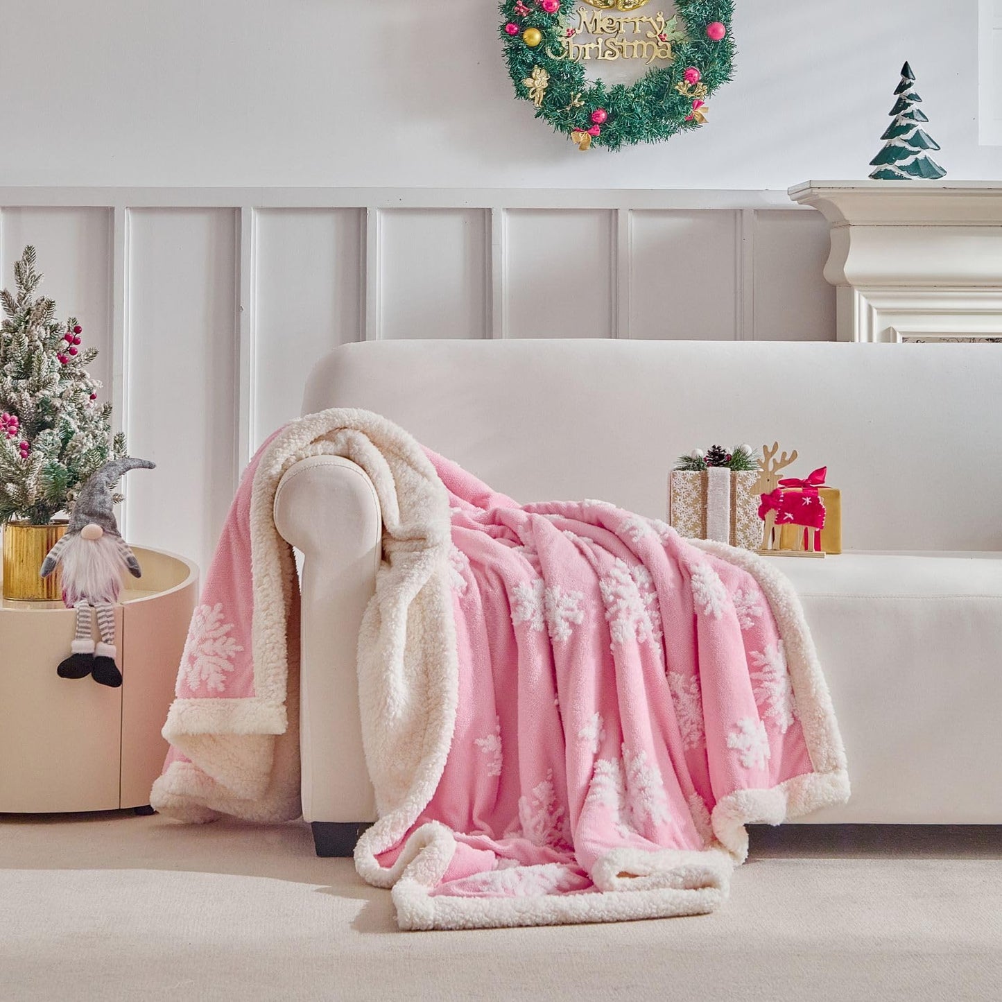 LenLuck Pink Christmas Blanket 50"x60", Soft Flannel Fleece Front & Sherpa Back, Snowflakes Throw Blanket for Couch, Fluffy Fuzzy Blanket, Christmas Decor Gift for Women, Men