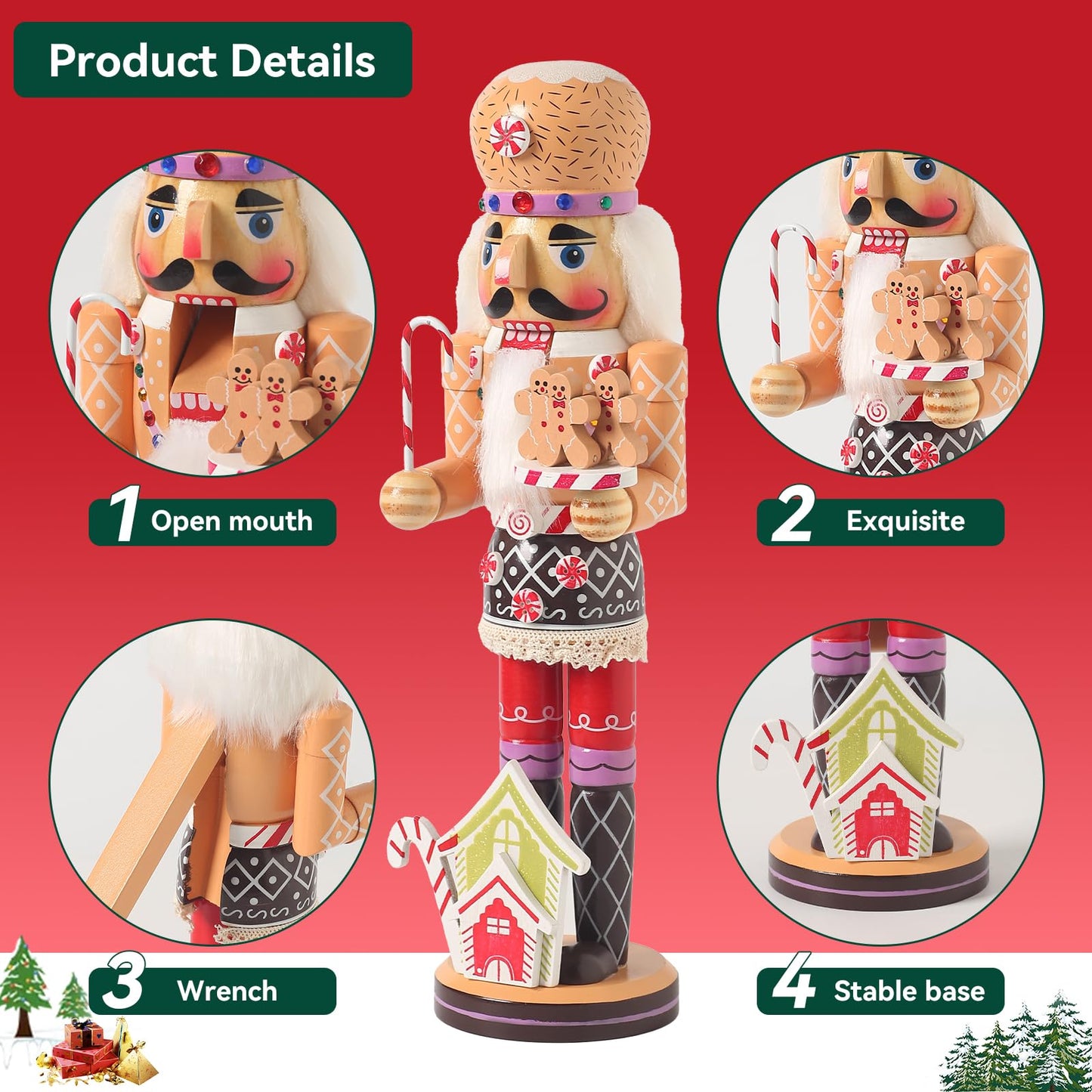 KoolShare 15-Inch Gingerbread Christmas Nutcracker, Wooden Baker Figurine with Cupcake Hat, Tray of Gingerbread Men & Candy House Base, Handcrafted Candy Land Decor for Holiday Mantel or Tabletop