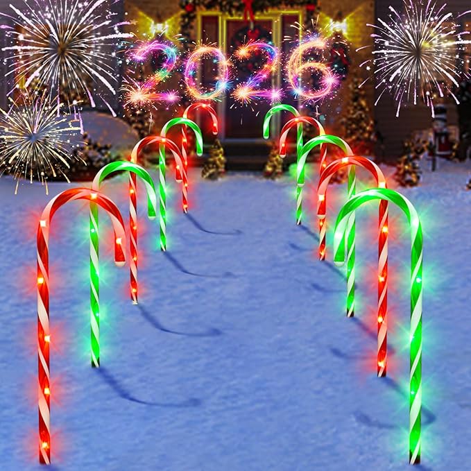 Christmas Decorations, 10 Pcs Christmas Candy Cane Lights, 21'' Solar Pathway Lights with 8 Lighting Modes, Waterproof Garden Lights for Outdoor Christmas Patio Yard Walkway Decorations(2 colors)