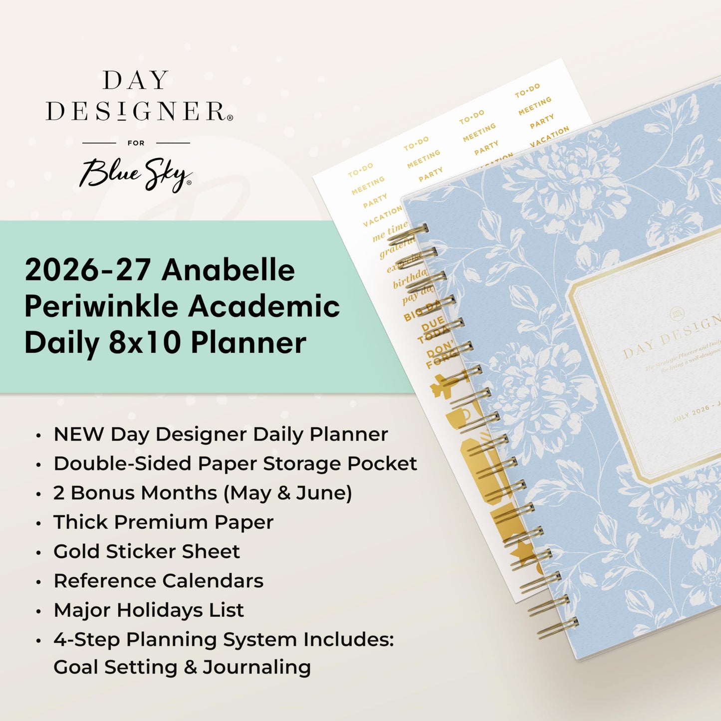 Blue Sky Day Designer 2026-2027 Daily and Monthly Academic Year Planner Calendar, July 2026 - June 2027, 8" x 10", Flexible Cover, Laminated Tabs, Storage Pocket, Includes Stickers, Annabel