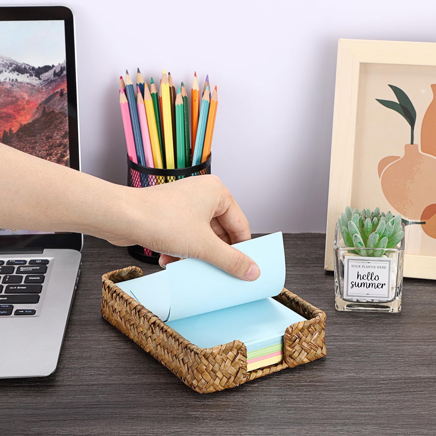 BTSKY Handwoven Sticky Note Holder for 4x6 Inch Sticky Notes, Seagrass Post It Note Dispenser, Rustic Notepad Holder, Notes Storage Container for Desk Organization Planning, Home Office, Caramel