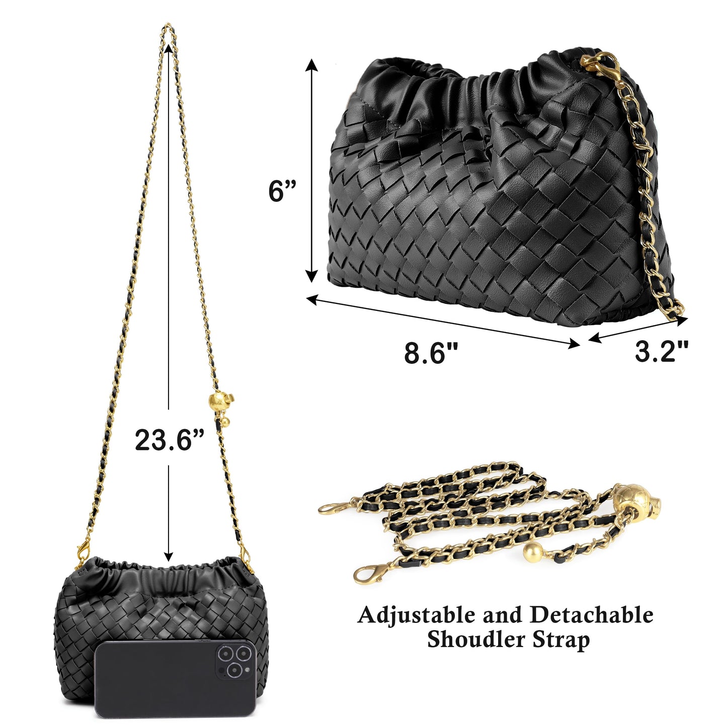 Joryin Woven Women's Crossbody Bag & Evening Purse, Trendy Dumpling Clutch & Hobo Cloud Shoulder Bag Trendy Dumpling Clutch Vegan Leather, Black