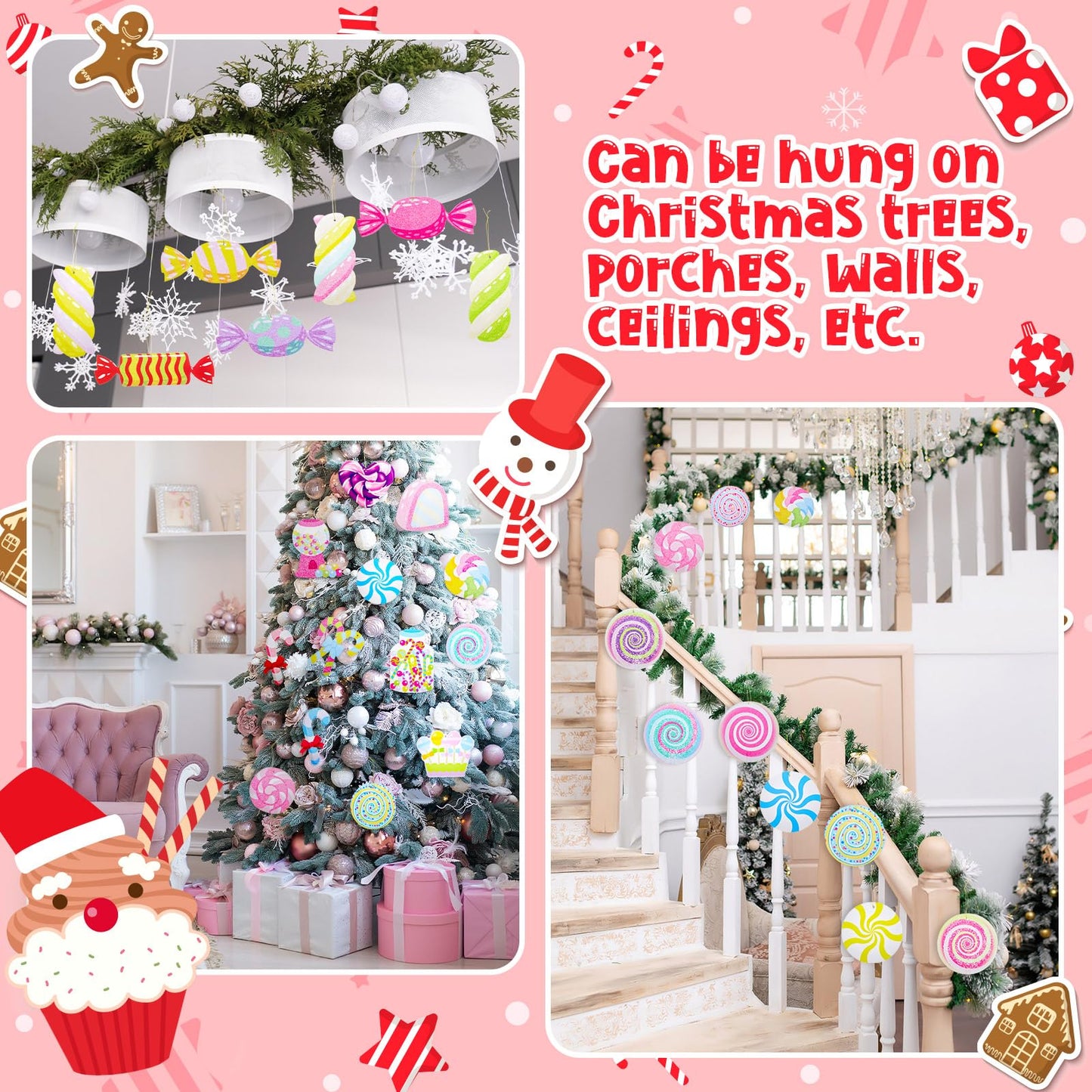 Chunful 25 Pcs Large Pastel Christmas Candy Cane Ornaments Christmas Tree Hanging Decorations Double-Sided Candy Peppermint Lollipop Marshmallow Ornaments for Tree Home Indoor Porch Wall Ceiling