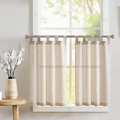 jinchan Tab Top Linen Kitchen Curtains 36 Inch Striped Tier Curtains Ticking Stripe Small Drapes for Living Room Bathroom Cafe Small Window Farmhouse Rustic Pinstripe Rod Pocket 2 Panels Tan