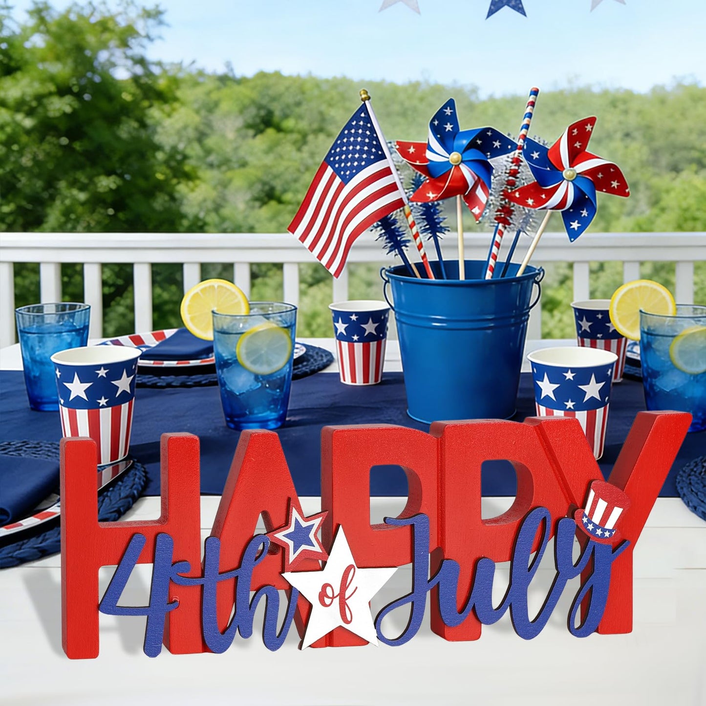 COCHIE Wooden Happy 4th of July Sign, Fourth of July Decorations for Home, Office, Shelf, Mantel, Indoor, Wood Patriotic Decor, Red Blue and White Table Top Centerpiece Party Decoration (Patriotic)