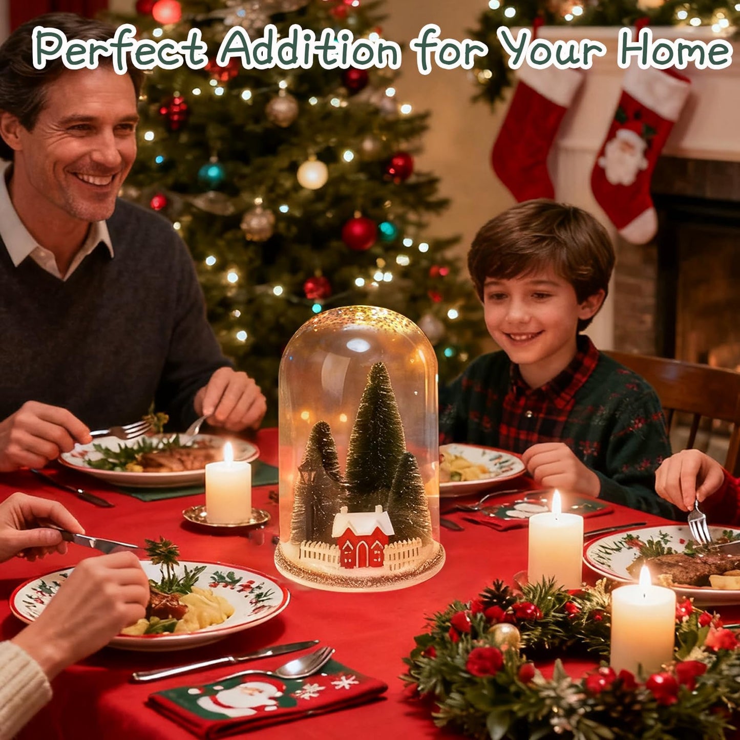 Christmas Decorations Table Centerpieces, Christmas Trees and Red House in Dome Cloche, Xmas Winter Tabletop Decor for Tiered Tray Shelf Mantel Fireplace Coffee Bar Office Desk Holiday Decoration