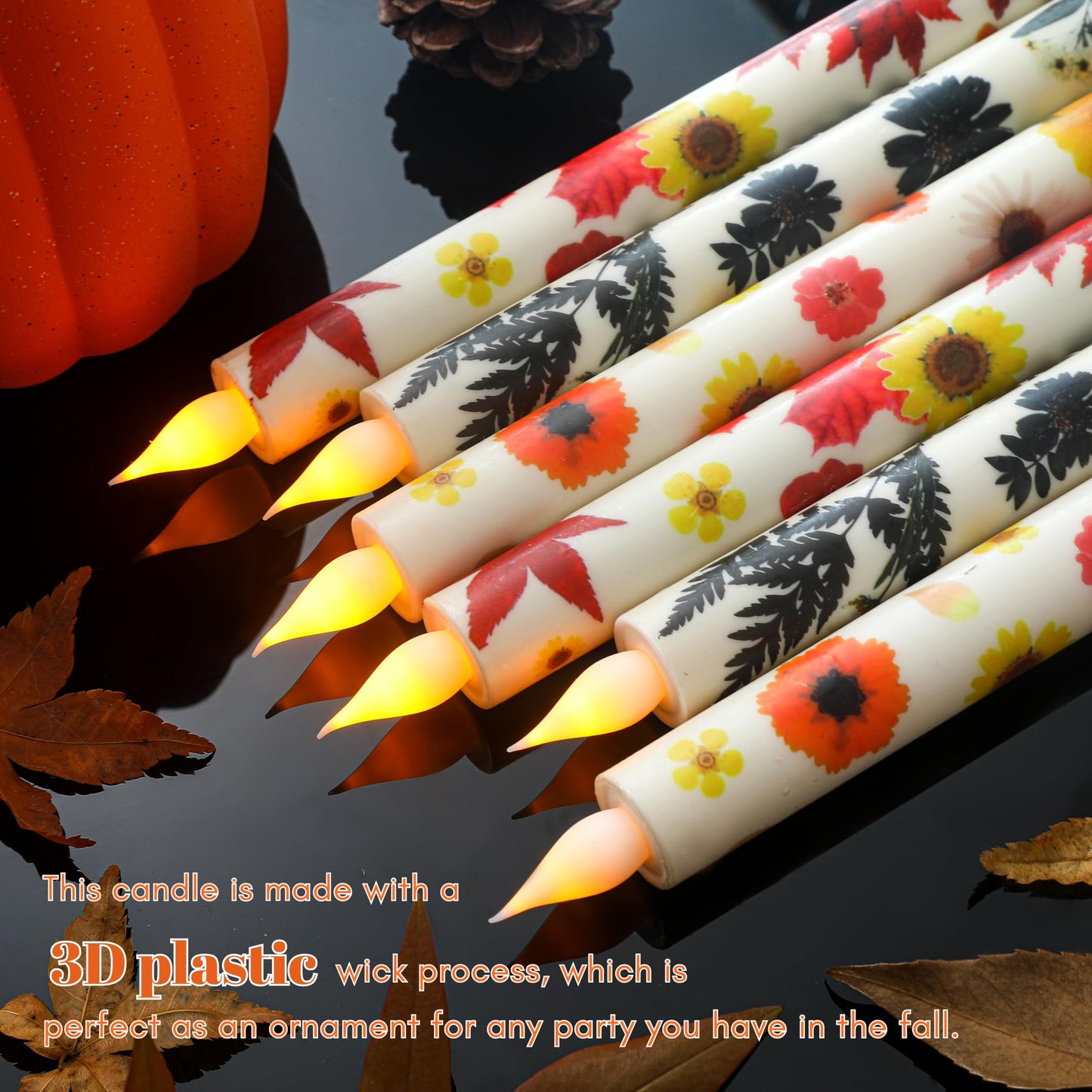 LCZLUMIPRO 6PCS Thanksgiving Flameless Taper Candles - Fall Maple Leaf Decor, Thanksgiving Decorative Candles with Wax Coating and Autumn Floral Prints Perfect for Table, Party, Banquet