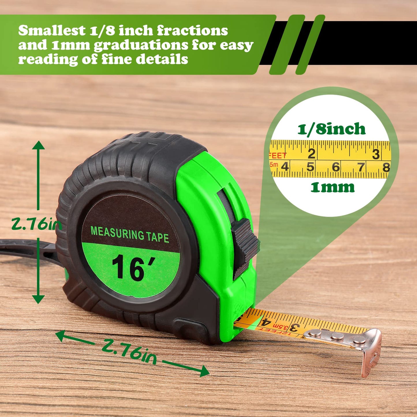 Yunsailing 15 Pack Tape Measure Bulk 16 Feet Retractable Measuring Tape Small Measure Easy Read with Fractions 1/8 Measurement(Green)