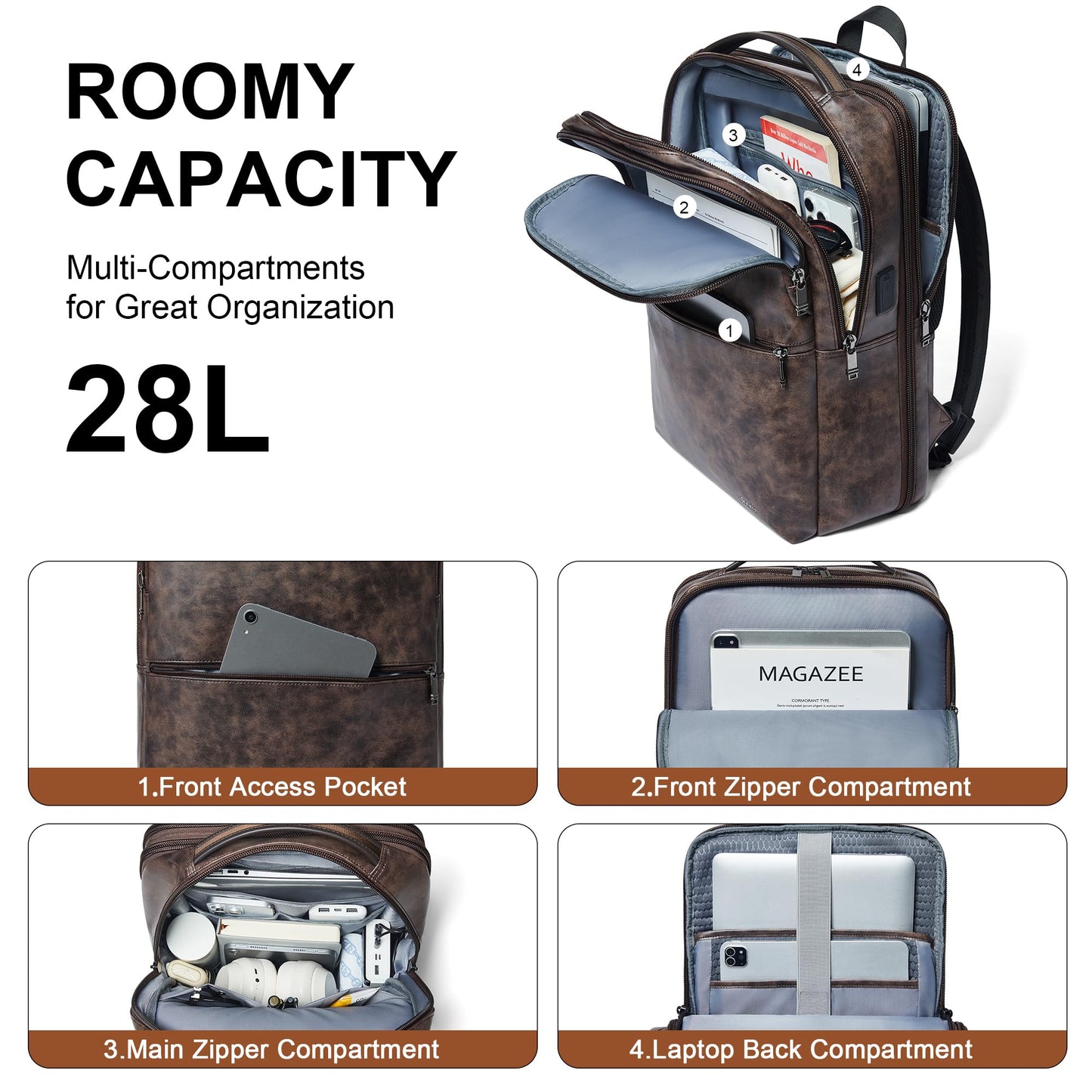 Shrrie Vegan Leather Laptop Backpack for Women&Men,16 Inch Expandable Backpack with USB Charging Port,Two-toned Coffee